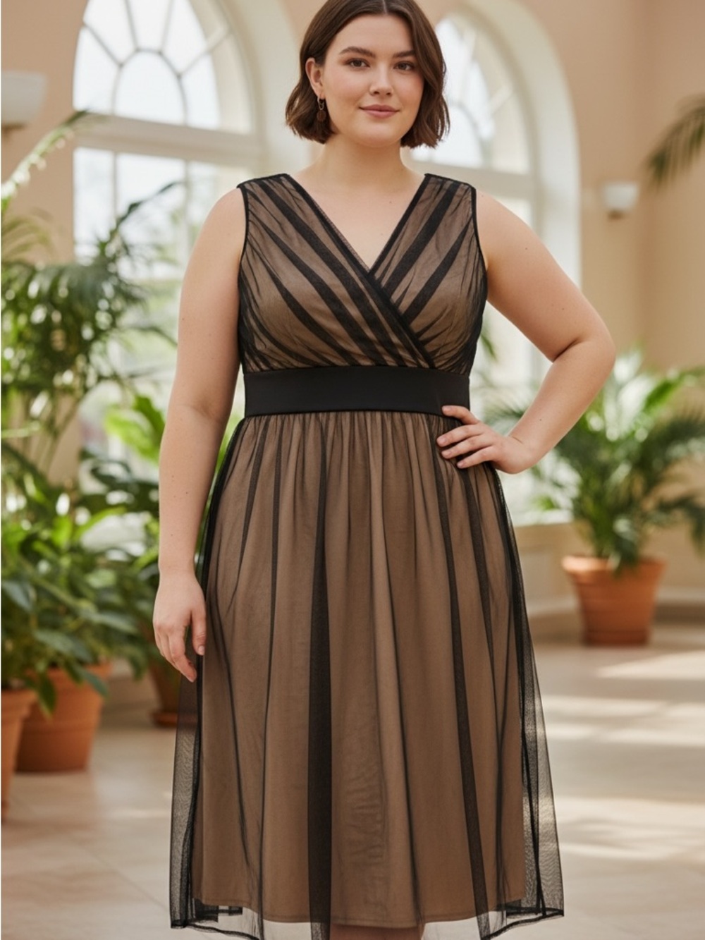 Newport News Black Mesh Overlay Taupe Midi Dress